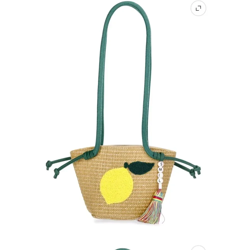 Wonder Nation Girls Lemon Straw Crossbody Bag, green color